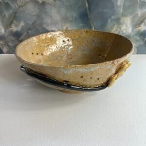 Art Pottery Clay Bowl Rustic Floral Glossy Finish Stoneware Signed by L.K.